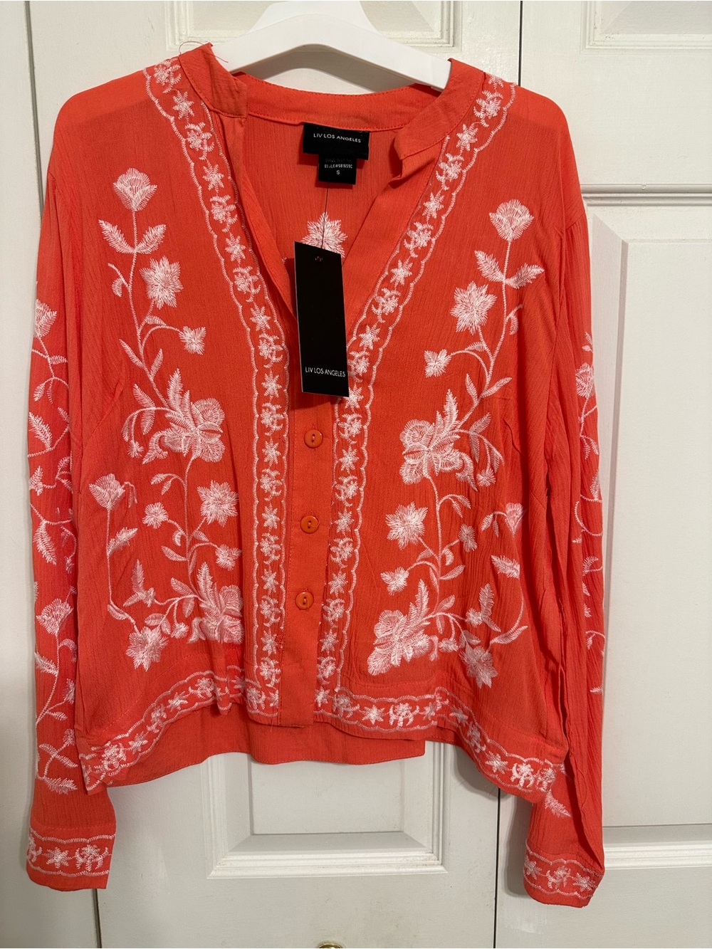 Coral Embroidered Button-Front Top